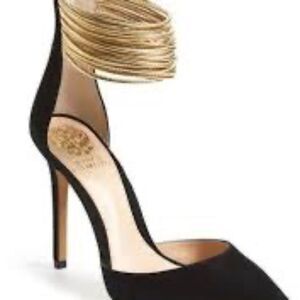 Vince Camuto Nayz Black Suede Gold Ankle Strap Heels Sz 6.5